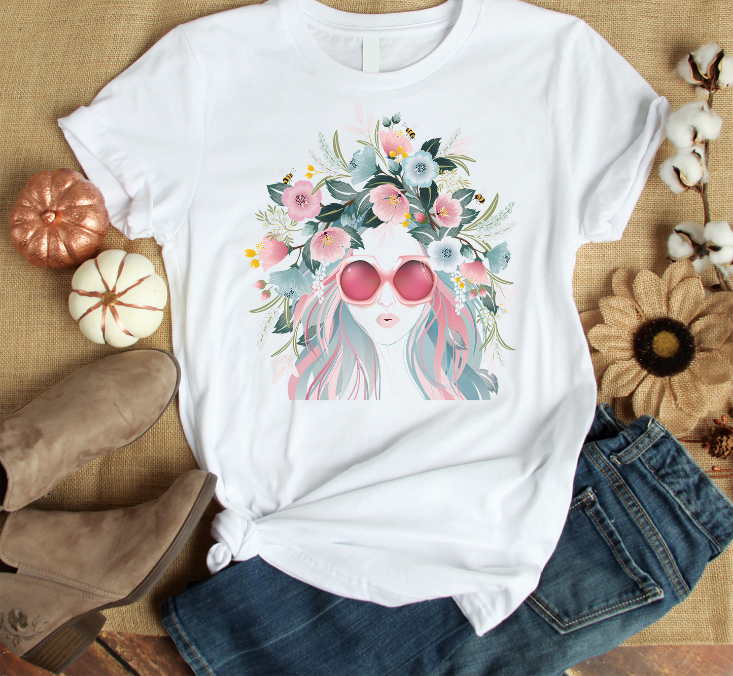 Girl wearing sunglass art Custom Graphic Tee