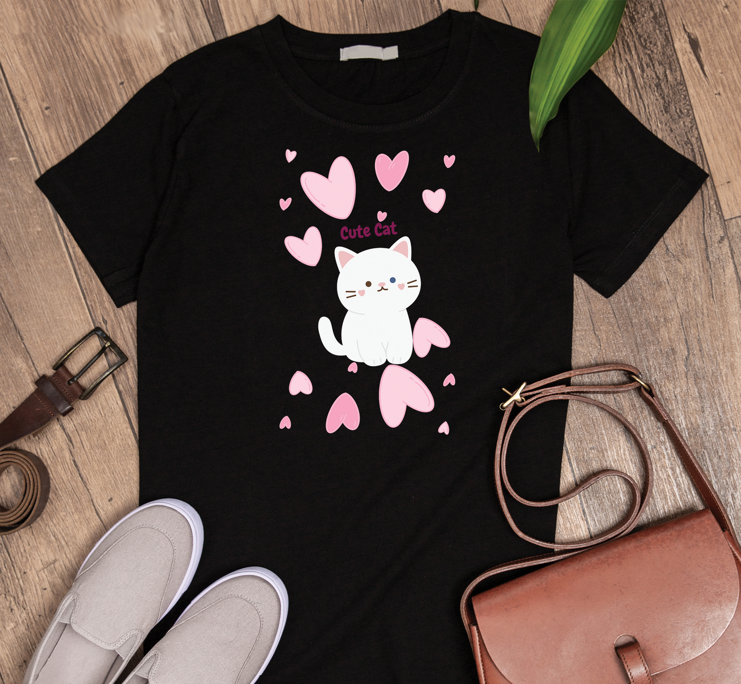 Cat - Cute Cat with hearts Custom Graphic Tee